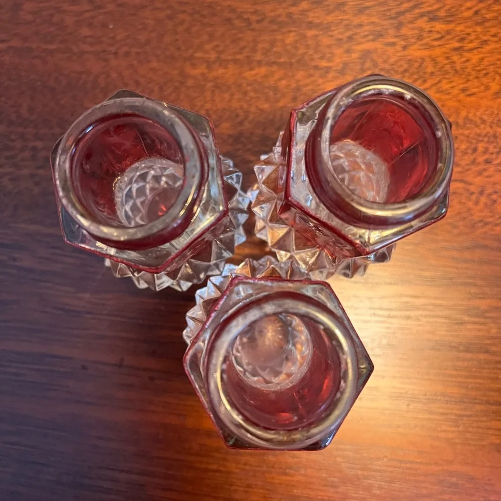 Set of 3 Vintage Ruby Red 3” Painted Crystal Glass Taper Candle Stick Holders